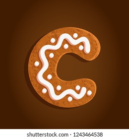 baked gingerbread cookie, alphabet letter C shaped isolated symbol on a brown gradient background, vector illustration