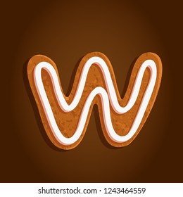 baked gingerbread cookie, alphabet letter W shaped isolated symbol on a brown gradient background, vector illustration