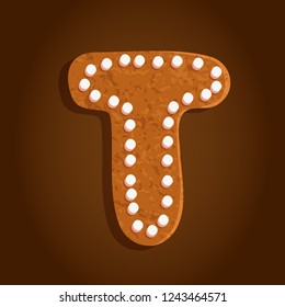 baked gingerbread cookie, alphabet letter T shaped isolated symbol on a brown gradient background, vector illustration