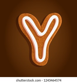 baked gingerbread cookie, alphabet letter Y shaped isolated symbol on a brown gradient background, vector illustration