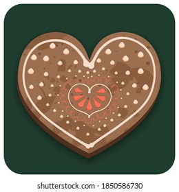 Baked gingerbread cookie heart with ornamental decorations isolated on a green background. Hand drawn Christmas vector elements for illustration, card, banner and holiday background.