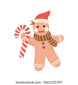 Baked Gingerbread Man in Scarf Holding Candy Cane Vector Illustration