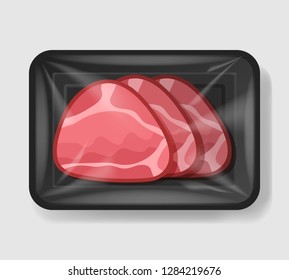 Baked glazed ham in plastic tray container with cellophane cover. Mockup template for your design. Plastic food container. Vector illustration.