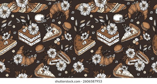 Baked good sweet cake pie bread macaron seamless pattern vector