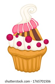Baked goods, bakery assortment or menu dessert cake. Cupcake with mousse decorated with sprinkles, served in portions. Homemade snack with fresh frosting and crumbs on top, vector in flat style