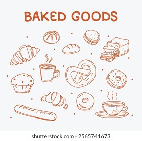 Baked goods for bakery, hand drawn style, wrap design, menu items idea. Donut, bread, baguette, tea, coffee, cup, muffin, macaroon, croissant, pretzel bun. abstract food set. Vector illustration