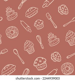 Baked goods bakery pattern background repeatable. Bakery pattern with cakes, muffins, cupcakes, pies, donuts, cookie, whisk, spatula, rolling pin.