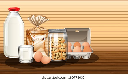 Baked goods with bottle of milk and two eggs in a group illustration