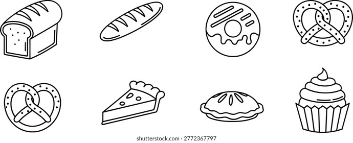 Baked goods line icons set with bread pretzel pie cupcake bakery items