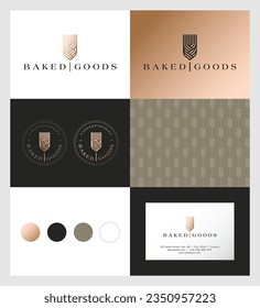 Baked Goods logo. Gold spikelet consisits of bend elements. Corporate identity with color, font, seamless pattern and business card.