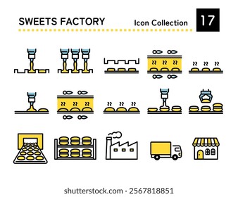 Baked goods manufacturing process icon set