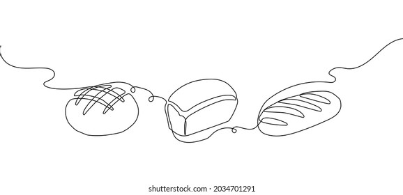 Baked Goods One Line Set Art. Continuous Line Drawing Of Loaf, Rye Bread, Brick.