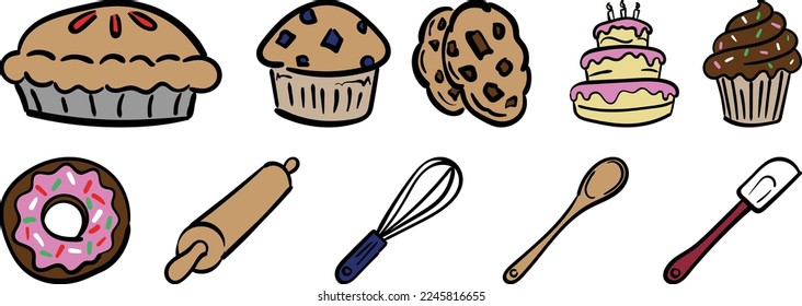 Baked goods and other bakey items hand drawn vectors for delicious and welcoming web and print designs.