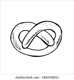 Baked goods, pretzel, doodle style, Oktoberfest. Vintage vector engraving illustration for web, poster, party invitation. Hand drawn design element isolated on white background.