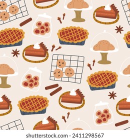 Baked goods - seamless pattern on beige background. Cute and cozy autumn pastry - pumpkin pie, cookies on oven tray and in jar, croissant, apple pie.