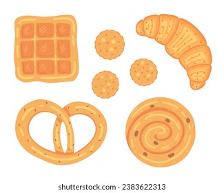 baked goods set. Pretzel, croissant wafer cookies and cinnamon bun. Vector Illustration for backgrounds and packaging. Image can be used for greeting cards and posters. Isolated on white background.