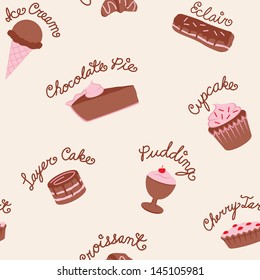 Baked Goods and Sweets with Text Seamless Pattern Background. The text is handwritten script with the name of each item appearing above the item.