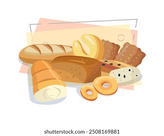 Baked goods vector illustration. Bread loaf, donut, baton, croissant. Food concept. Can be used for topics like bakery, pastries, confectionery shop