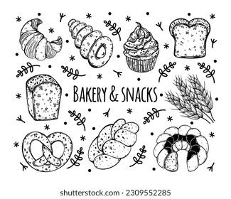 Baked goods vector set. Fresh organic bread, cupcake, croissant, pretzel. Delicious pastries. Grain cake with crispy crust, sesame. Food sketch, drawing. Black and white clipart for packaging, menu
