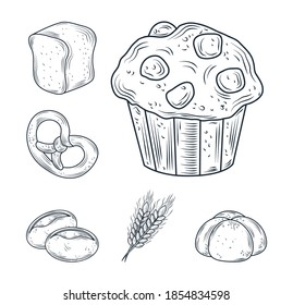 Backsymbol set, brot, muffin, pretzel, rollen, loaf einzeln auf weißer Vektorgrafik
