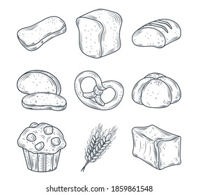 baked icon set with bread, muffin, loaf, whole, slice and wheat isolated on white vector illustration