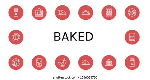 baked icon set. Collection of Wafer, Bakery, Chicken, Cheburek, Chicken breast, Chicken wings icons