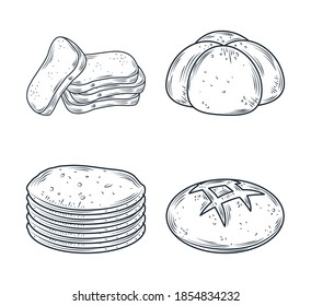 baked icon set, different breads isolated on white vector illustration