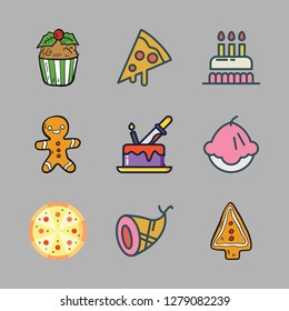 baked icon set. vector set about pizza, gingerbread man, cookie and birthday cake icons set.