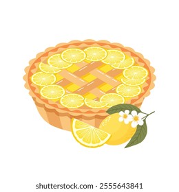 Baked lemon pie with lemon, flowers and lemon slices. Food, dessert, sweet. Flat illustration