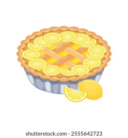 Baked lemon pie with lemon slices. Food, dessert, sweet. Flat illustration