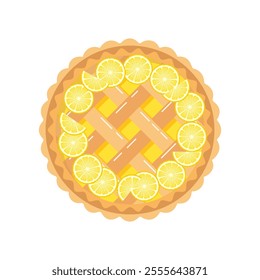 Baked lemon pie with lemon slices, top view. Food, dessert, sweet. Flat illustration