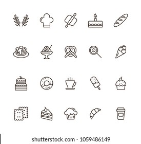 Baked linear icons set. vector illustration. With cupcake, donut, bread, brezel, ice¬-cream and other bakery shop products in thin line style.