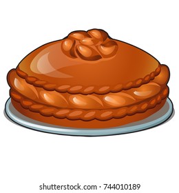 Baked loaf on a platter isolated on white background. Traditional old rural Russian food or Slavic holiday wedding cakes.. Vector cartoon close-up illustration.