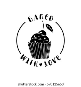 Baked with love. Bakery vector logotype. Hand drawn cupcake.