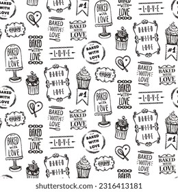 Baked with love black and white pattern template with symbols of different pastries and lettering