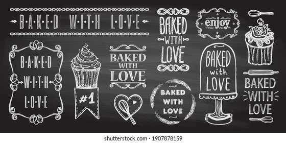 Baked with love chalkboard elements set, vector chalk collection with pastry symbols, labels and stamps for bakery