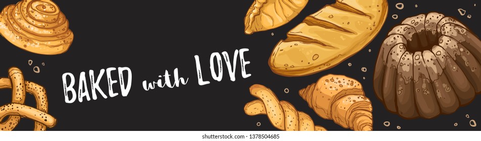 Baked with love design. Horizontal poster composition from hand drawn bread. Vector illustration for bakery shops on blackboard. Fresh bread banner concept.