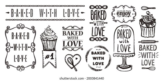 Baked with love - vector elements collection with symbols, labels and stamps for bakery, pastry logos