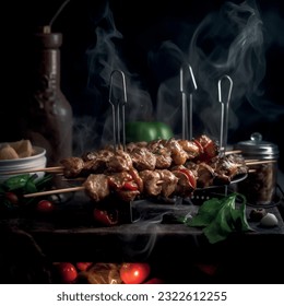 Baked meat kebab skewers on skewers pattern realistic vector graphics 3d for restaurant and menu food photography