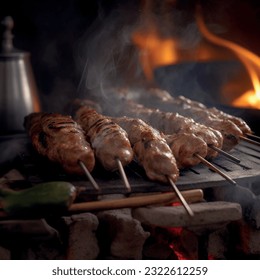 Baked meat kebab skewers on skewers pattern realistic vector graphics 3d for restaurant and menu food photography