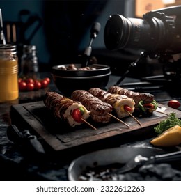 Baked meat kebab skewers on skewers pattern realistic vector graphics 3d for restaurant and menu food photography
