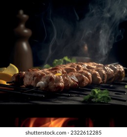 Baked meat kebab skewers on skewers pattern realistic vector graphics 3d for restaurant and menu food photography