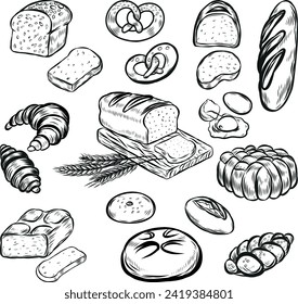 Baked pastries and breads line drawing isolated on white background.