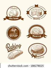 Baked pastry cakes and traditional brean food labels with frames and ribbons vector illustration