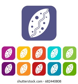 Baked pastry icons set vector illustration in flat style in colors red, blue, green, and other