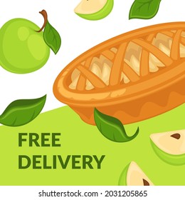 Baked pie with apples, free delivery on fresh products from shop or bakery store. Tasty menu for vegetarians and vegans. Promo banner or poster, restaurant or cafe offer. Vector in flat style