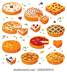 Baked Pie Made from Pastry Dough with Sweet Fruit Filling and Cream Vector Set