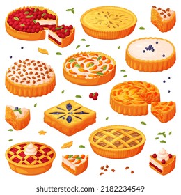 Baked Pie Made from Pastry Dough with Sweet Fruit Filling and Cream Vector Set