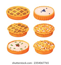 Baked Pie Made from Pastry Dough with Sweet Fruit Filling and Cream Vector Set