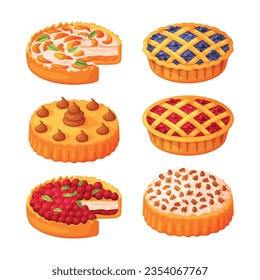 Baked Pie Made from Pastry Dough with Sweet Fruit Filling and Cream Vector Set